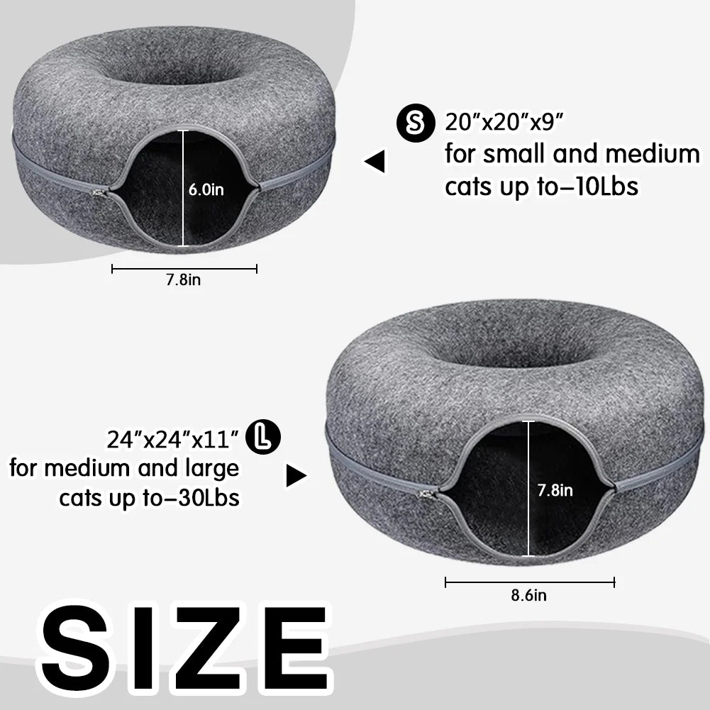 Large Cat Cave with 3 Toys Scratch Resistant Tunnel Bed up to 30 Lbs Light Grey(24X24X11)