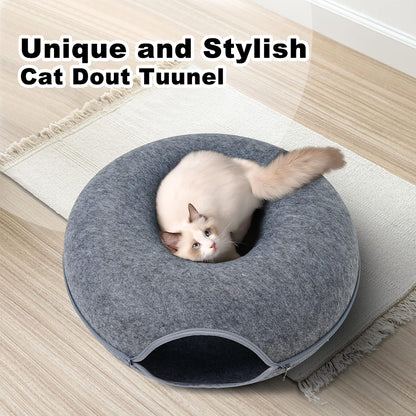 Large Cat Cave with 3 Toys Scratch Resistant Tunnel Bed up to 30 Lbs Light Grey(24X24X11)