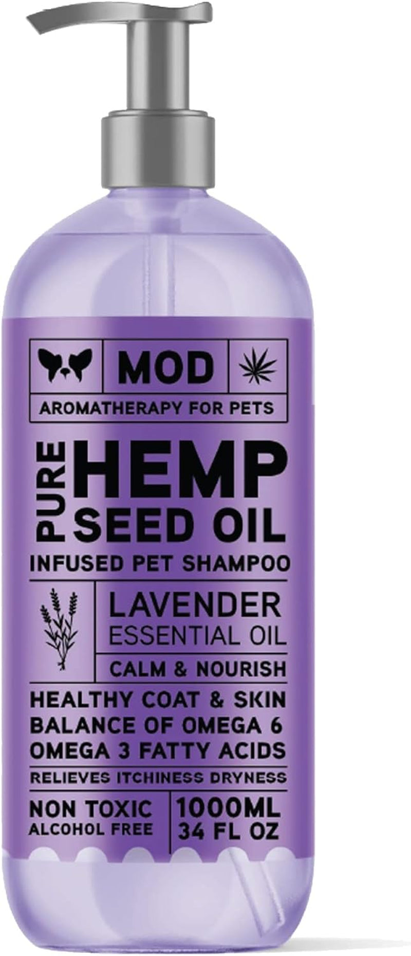 Hemp & Lavender Pet Shampoo for Dogs | All Natural Pure Essential Oils | Balance of Omega 6 & Omega 3 Fatty Acids | for Deodorizing, Allergies, Itching, Dry and Sensitive Skin - 34 OZ Pump Bottle