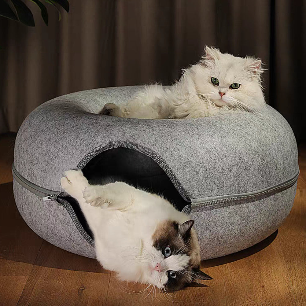 Large Cat Cave with 3 Toys Scratch Resistant Tunnel Bed up to 30 Lbs Light Grey(24X24X11)