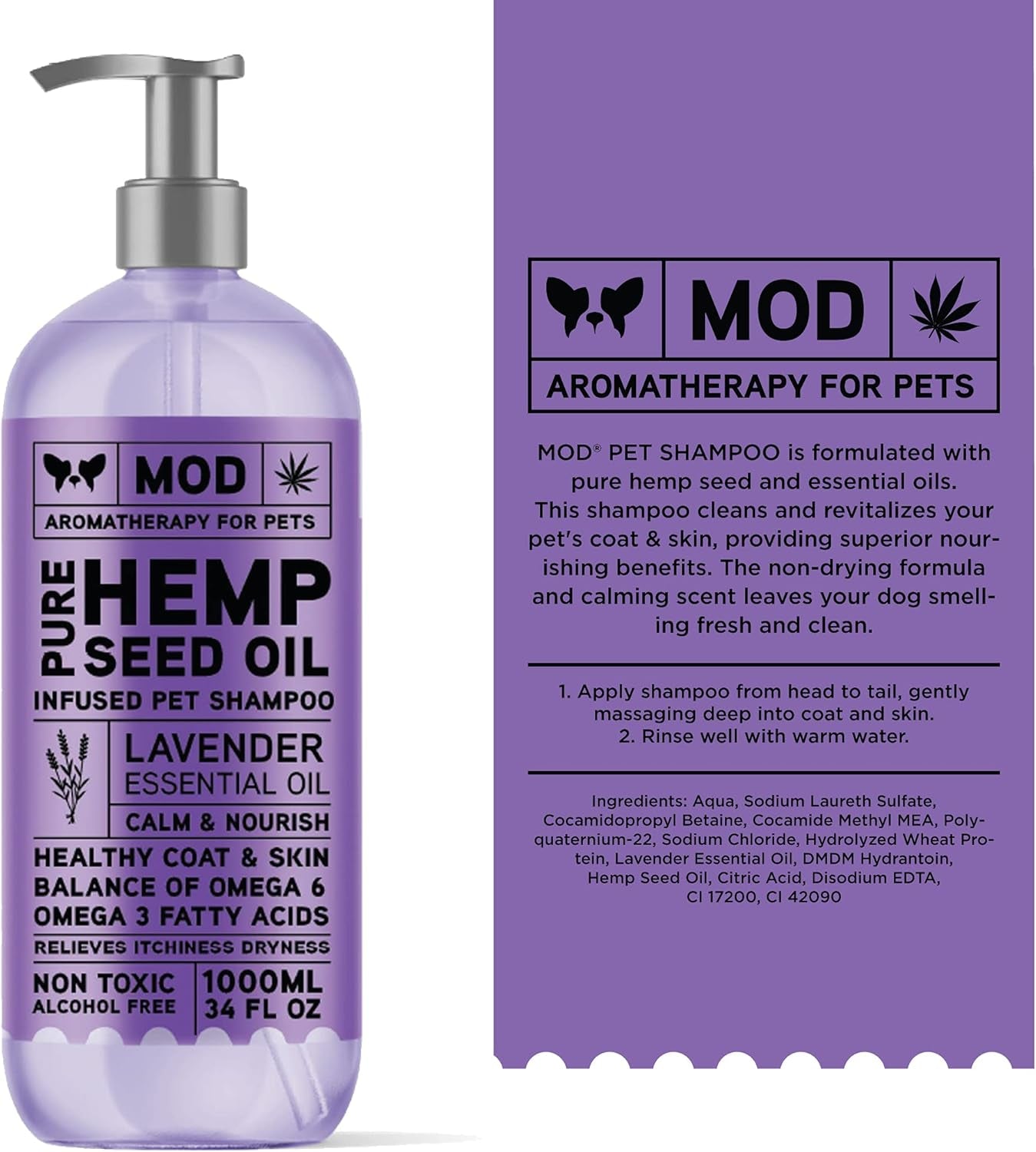 Hemp & Lavender Pet Shampoo for Dogs | All Natural Pure Essential Oils | Balance of Omega 6 & Omega 3 Fatty Acids | for Deodorizing, Allergies, Itching, Dry and Sensitive Skin - 34 OZ Pump Bottle