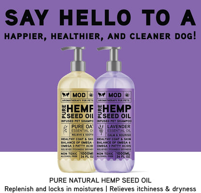 Hemp & Lavender Pet Shampoo for Dogs | All Natural Pure Essential Oils | Balance of Omega 6 & Omega 3 Fatty Acids | for Deodorizing, Allergies, Itching, Dry and Sensitive Skin - 34 OZ Pump Bottle