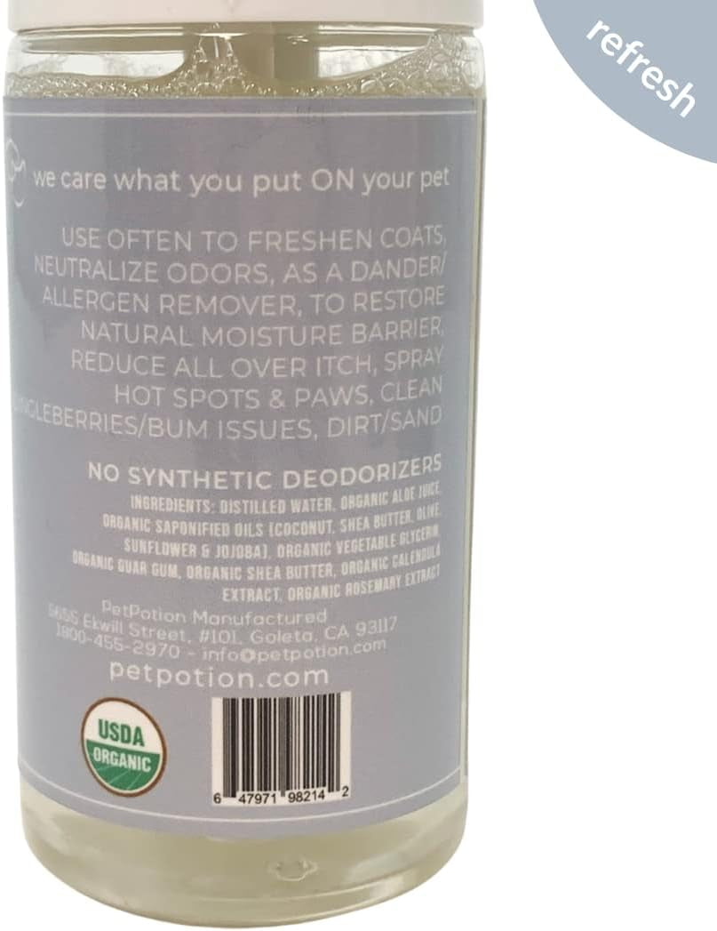 Spray Misting Shampoo for Dogs and Cats| USDA Organic| Reusable & Refillable (Refresh - Unscented - 5.5 Oz)