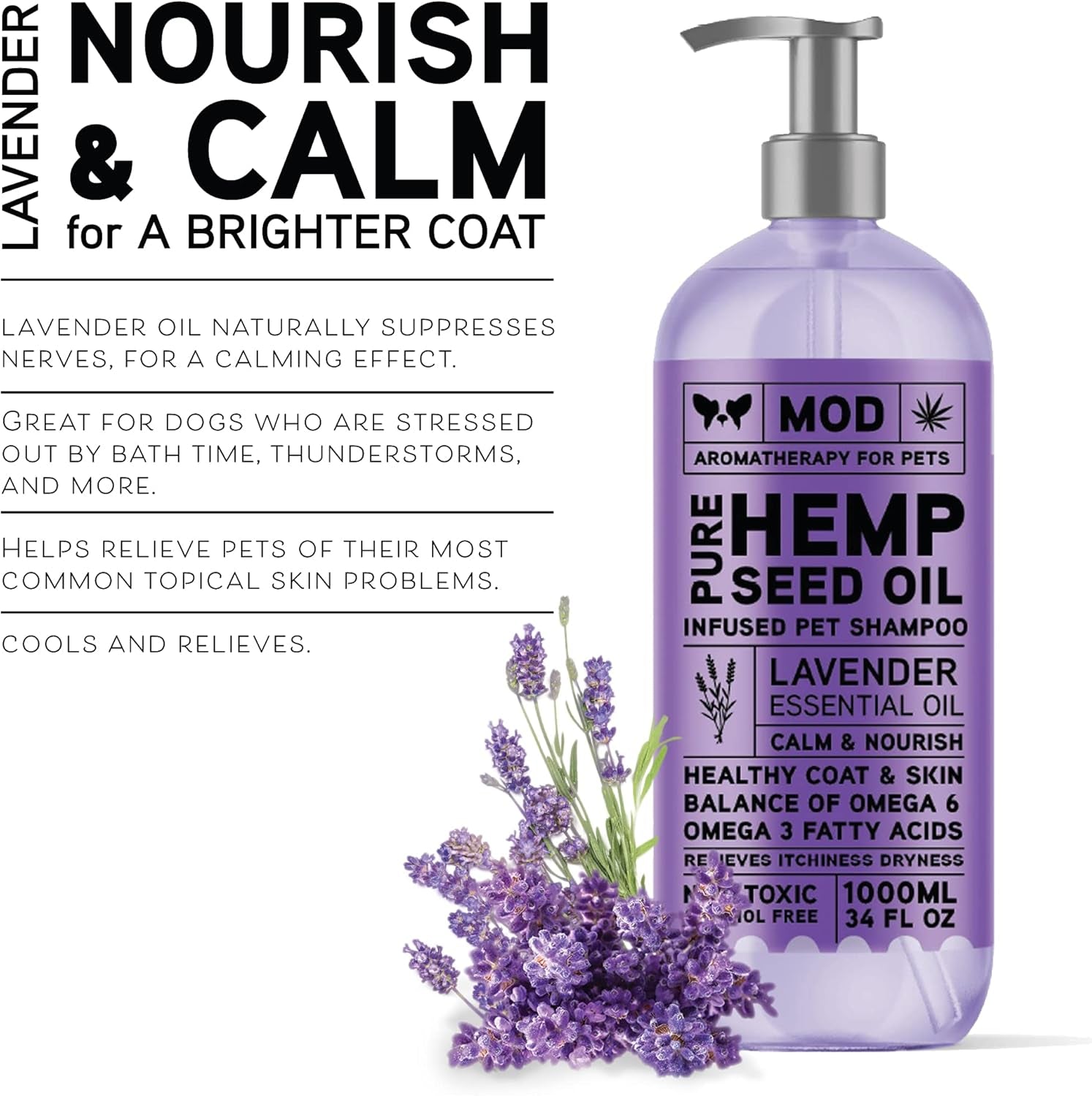 Hemp & Lavender Pet Shampoo for Dogs | All Natural Pure Essential Oils | Balance of Omega 6 & Omega 3 Fatty Acids | for Deodorizing, Allergies, Itching, Dry and Sensitive Skin - 34 OZ Pump Bottle