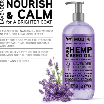 Hemp & Lavender Pet Shampoo for Dogs | All Natural Pure Essential Oils | Balance of Omega 6 & Omega 3 Fatty Acids | for Deodorizing, Allergies, Itching, Dry and Sensitive Skin - 34 OZ Pump Bottle