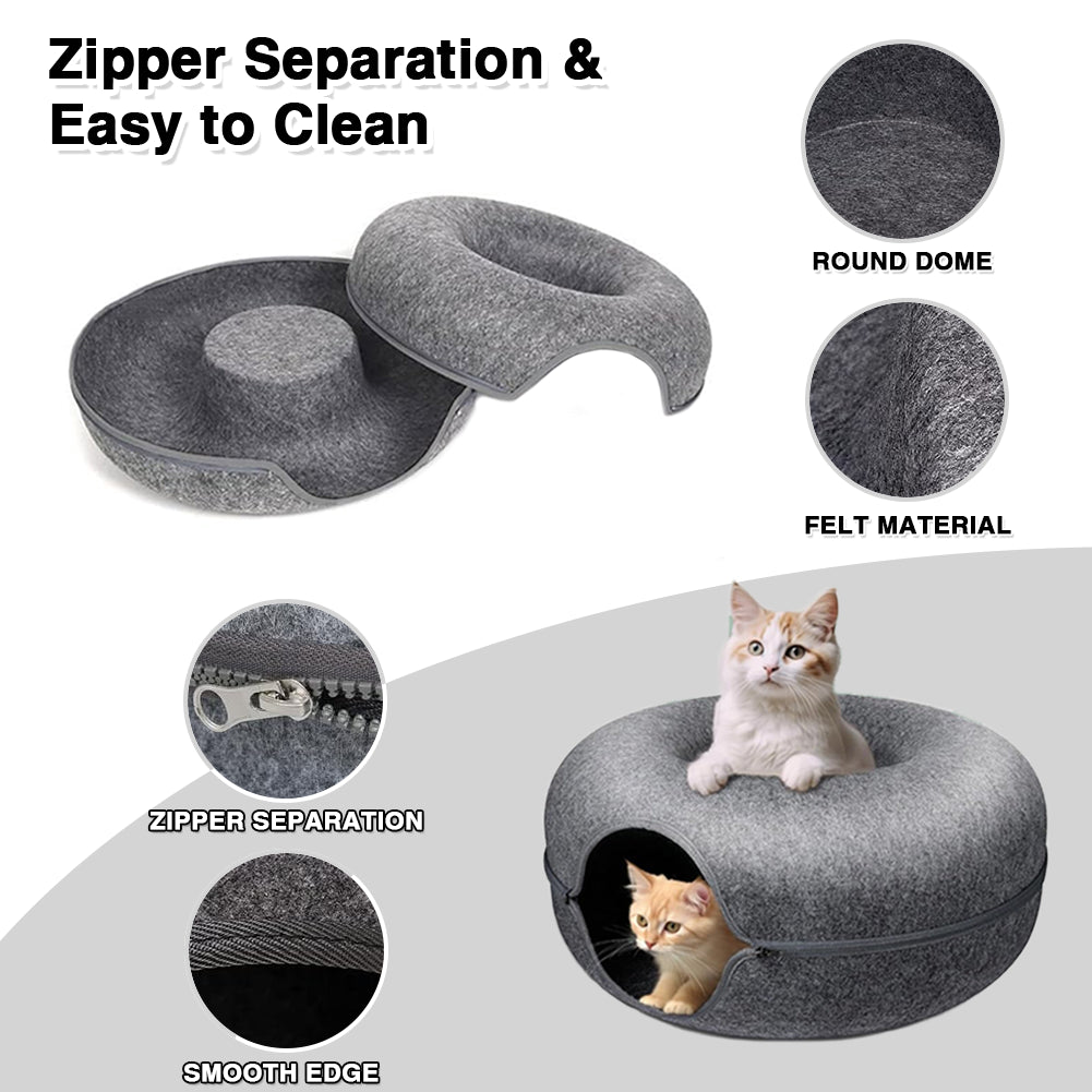 Large Cat Cave with 3 Toys Scratch Resistant Tunnel Bed up to 30 Lbs Light Grey(24X24X11)