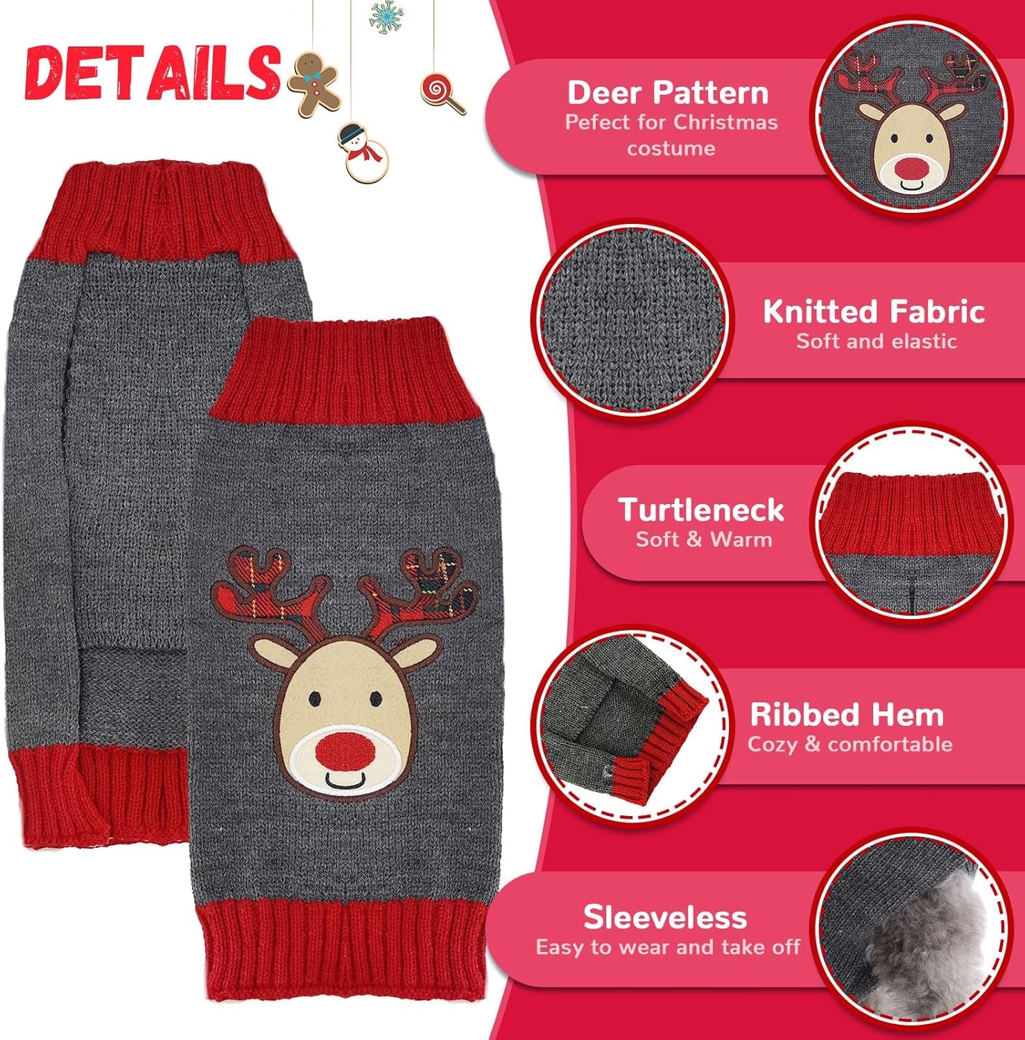 Cute Gray Reindeer Dog Christmas Sweater - Perfect Holiday Costume for Small to Large Dogs & Cats!