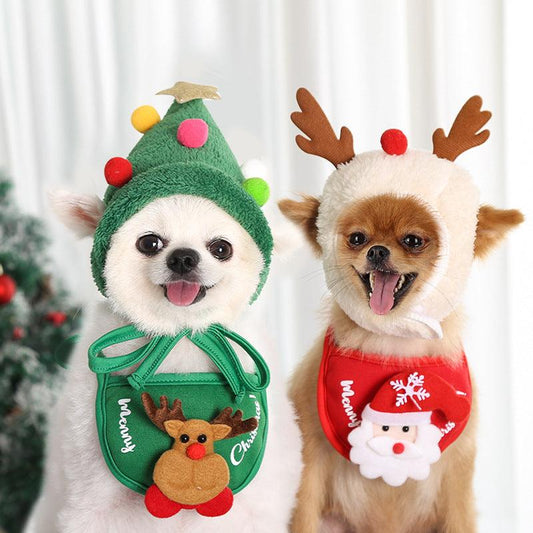 Festive Pet Christmas Hat and Saliva Towel Set 